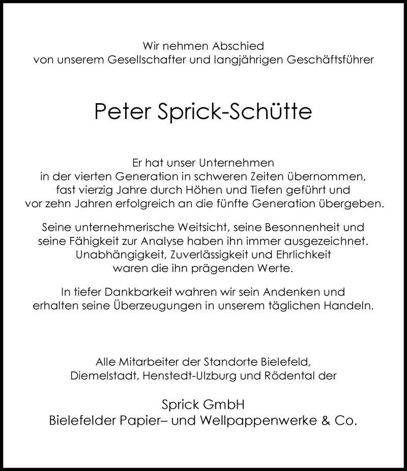  Traueranzeige für Peter Sprick-Schütte vom 20.12.2012 aus Neue Westfälische