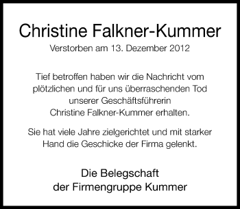 Traueranzeige von Christine  Falkner-Kummer von Neue Westfälische