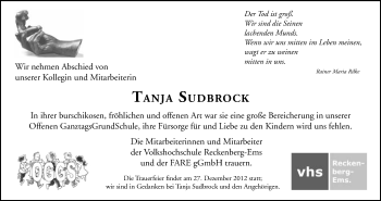 Traueranzeige von Tanja Sudbrock von Neue Westfälische