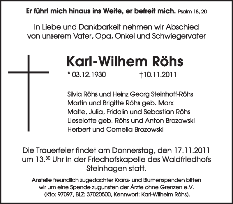  Traueranzeige für Karl-Wilhelm Röhs vom 12.11.2011 aus Neue Westfälische