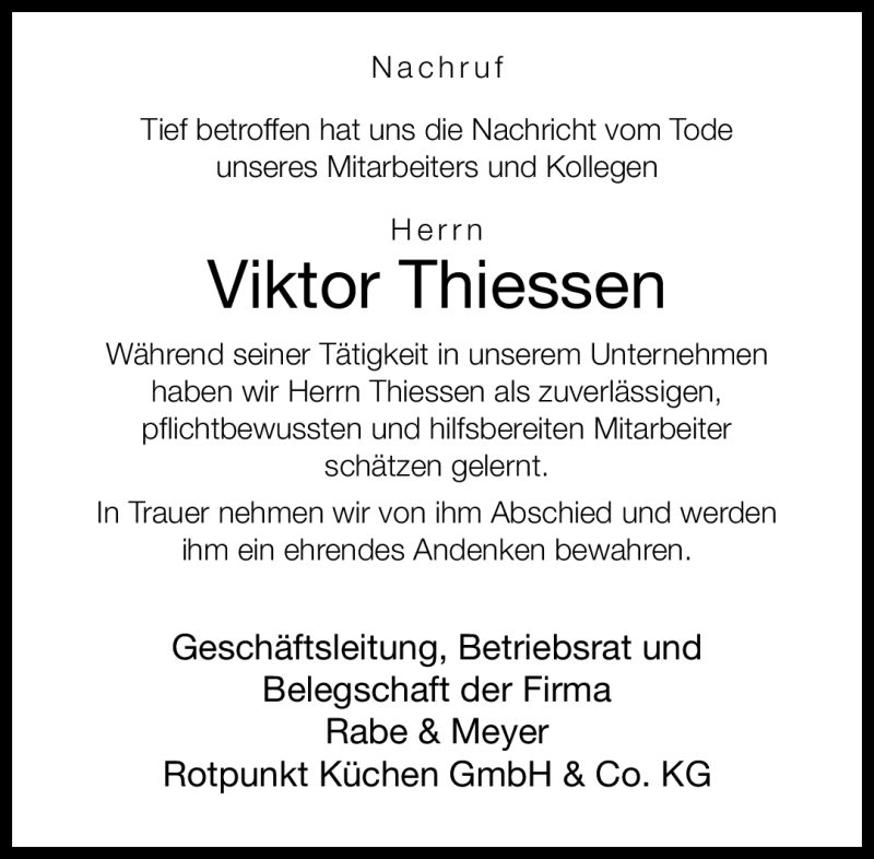  Traueranzeige für Viktor Thiessen vom 16.11.2011 aus Neue Westfälische