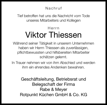 Traueranzeige von Viktor Thiessen von Neue Westfälische