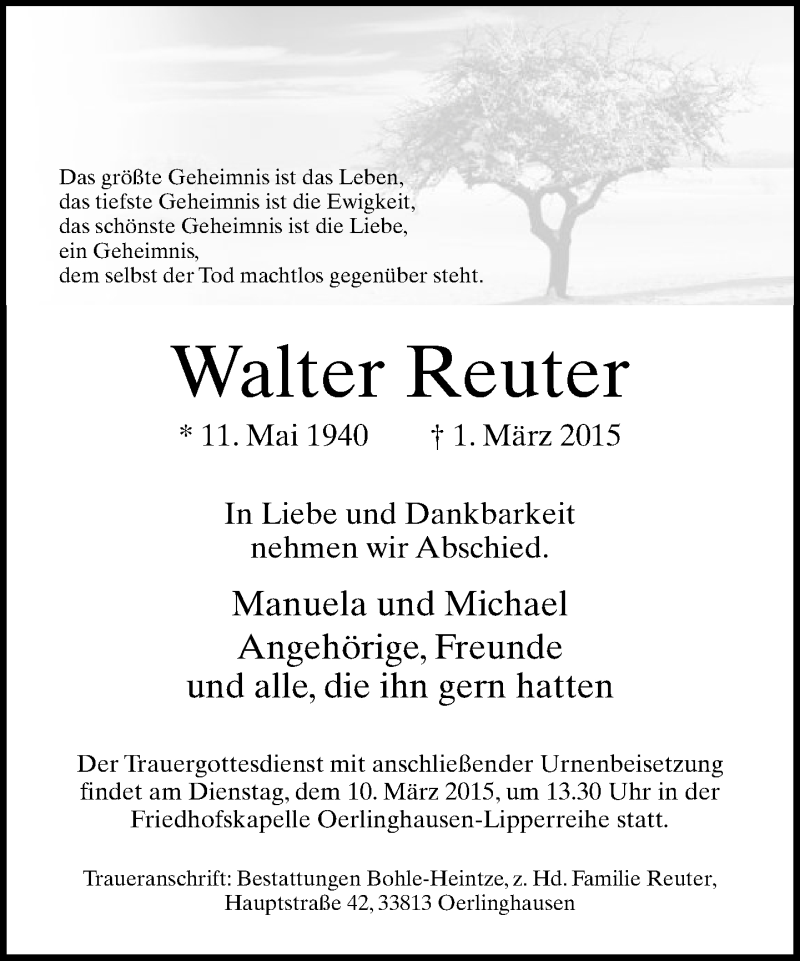  Traueranzeige für Walter Reuter vom 04.03.2015 aus Neue Westfälische