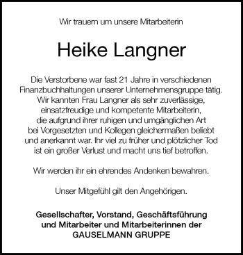 Traueranzeige von Heike Langner von Neue Westfälische