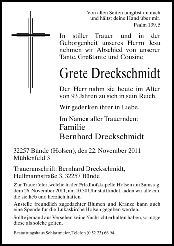 Traueranzeige von Grete Dreckschmidt von Neue Westfälische