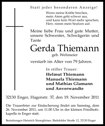 Traueranzeige von Gerda Thiemann von Neue Westfälische
