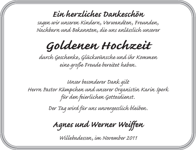  Traueranzeige für Goldene Hochzeit  vom 26.11.2011 aus Neue Westfälische