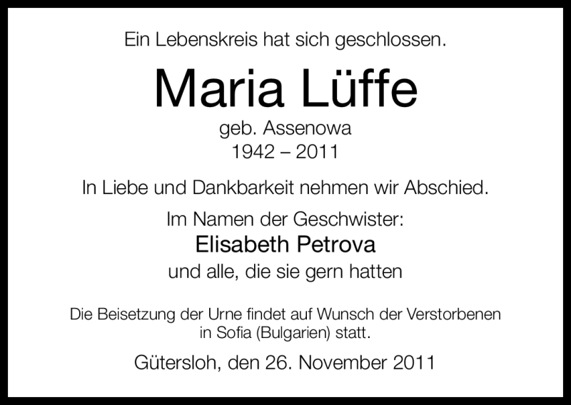  Traueranzeige für Maria Lüffe vom 26.11.2011 aus Neue Westfälische