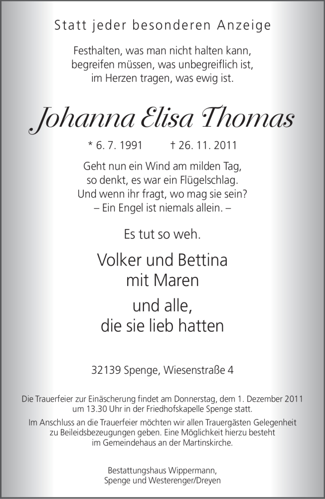  Traueranzeige für Johanna Elisa Thomas vom 28.11.2011 aus Neue Westfälische