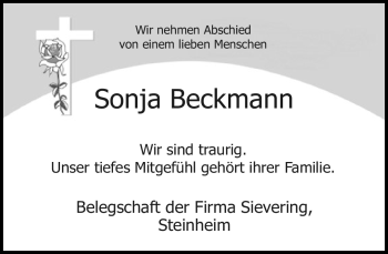 Traueranzeige von Sonja Beckmann von Neue Westfälische
