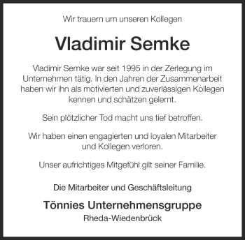 Traueranzeige von Vladimir Semke von Neue Westfälische