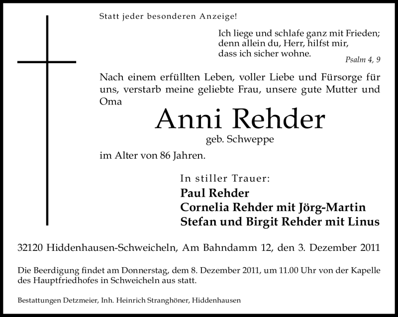  Traueranzeige für Anni Rehder vom 06.12.2011 aus Neue Westfälische