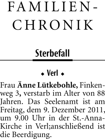 Traueranzeige von Änne Lütkebohle von Neue Westfälische