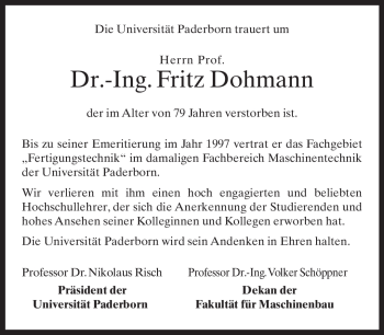 Traueranzeige von Fritz Dohmann von Neue Westfälische