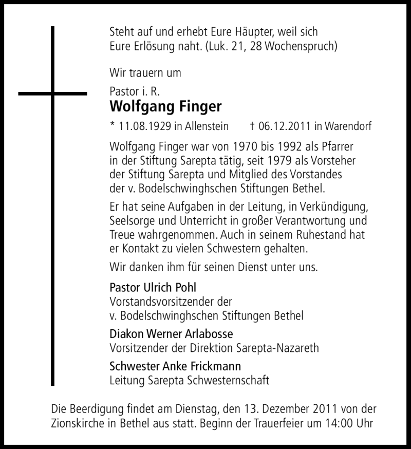  Traueranzeige für Wolfgang Finger vom 08.12.2011 aus Neue Westfälische