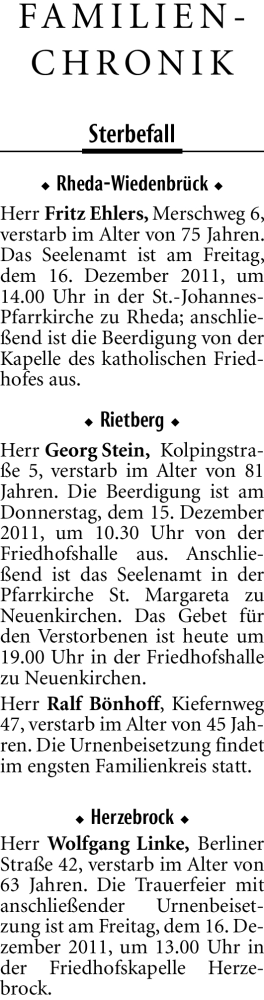  Traueranzeige für Fritz Ehlers vom 14.12.2011 aus Neue Westfälische