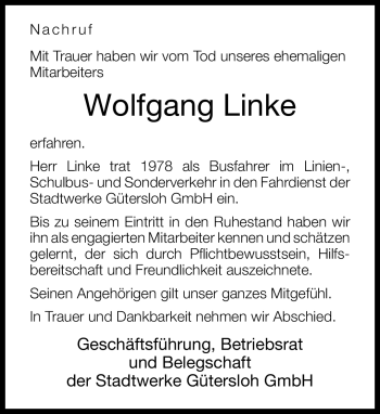 Traueranzeige von Wolfgang Linke von Neue Westfälische