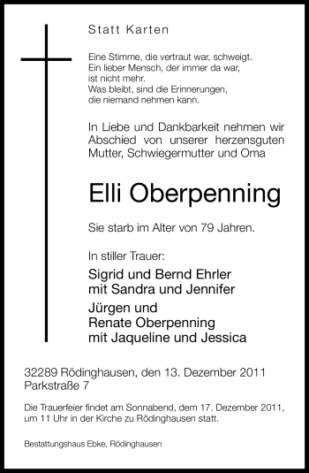 Traueranzeige von Elli Oberpenning von Neue Westfälische