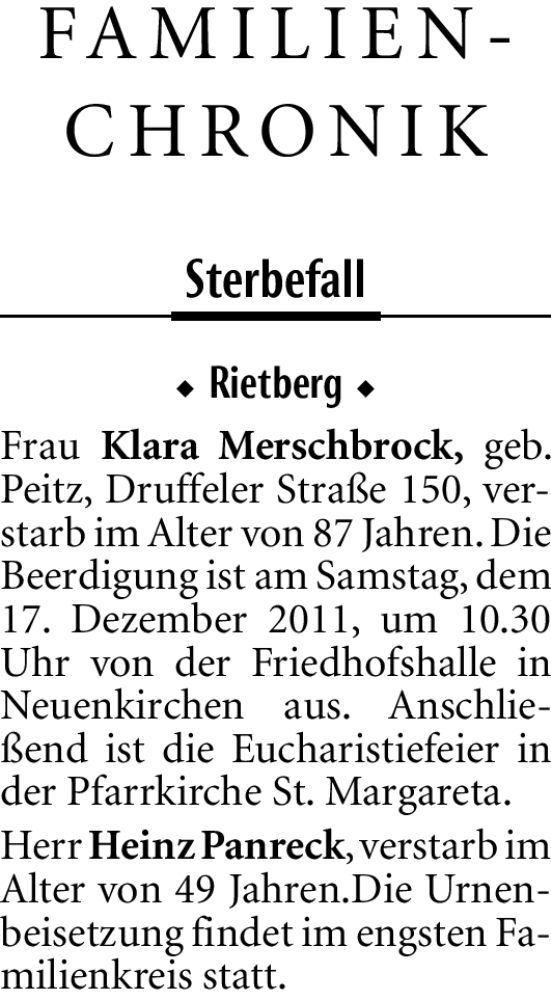  Traueranzeige für Klara Merschbrock vom 16.12.2011 aus Neue Westfälische