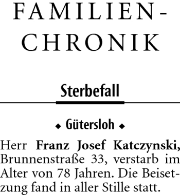 Traueranzeige von Franz Josef Katczynski von Neue Westfälische