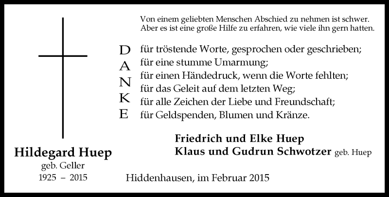  Traueranzeige für Hildegard Huep vom 21.02.2015 aus Neue Westfälische