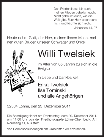 Traueranzeige von Willi Twelsiek von Neue Westfälische