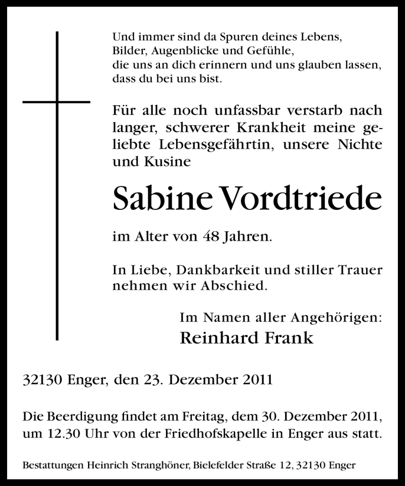  Traueranzeige für Sabine Vordtriede vom 27.12.2011 aus Neue Westfälische