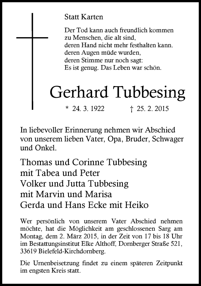  Traueranzeige für Gerhard Tubbesing vom 28.02.2015 aus Neue Westfälische