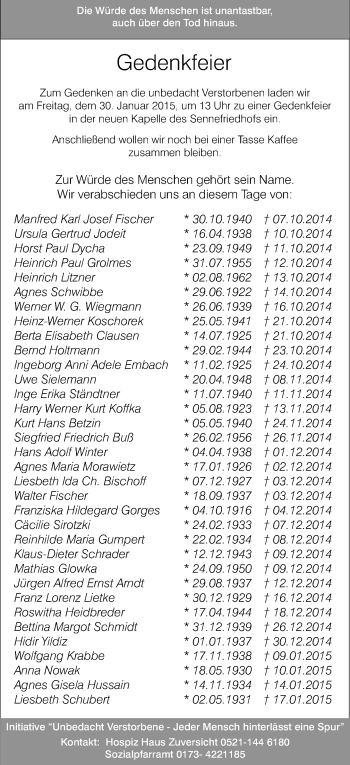 Traueranzeige von Gedenken unbedacht Verstorbenen von Neue Westfälische