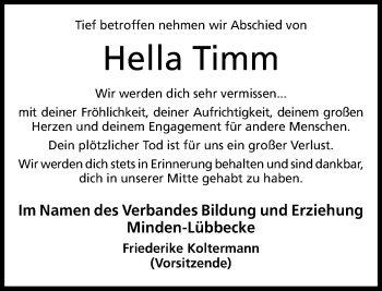 Traueranzeige von Hella Timm von Neue Westfälische
