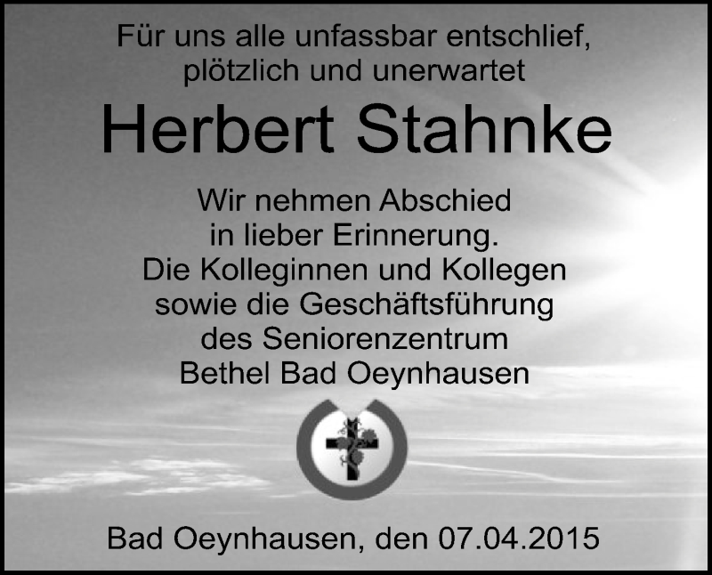  Traueranzeige für Herbert Stahnke vom 09.04.2015 aus Neue Westfälische
