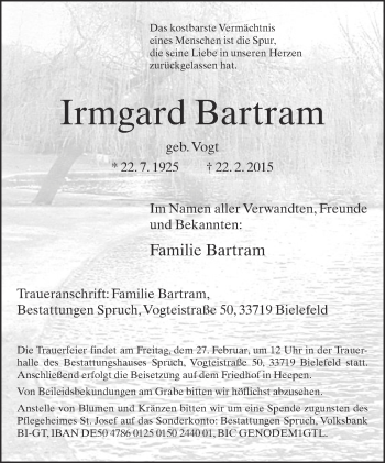 Traueranzeige von Irmgard Bartram von Neue Westfälische