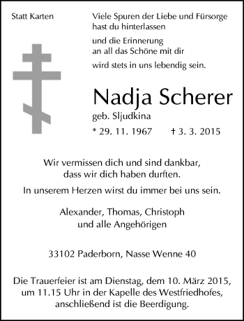 Traueranzeige von Nadja Scherer von Neue Westfälische