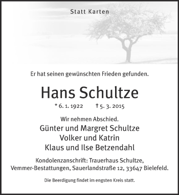 Traueranzeige von Hans Schultze von Neue Westfälische