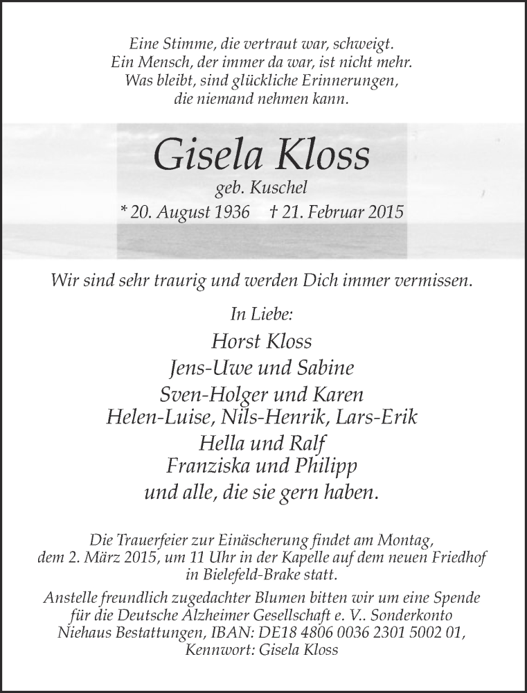  Traueranzeige für Gisela Kloss vom 25.02.2015 aus Neue Westfälische