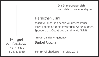 Traueranzeige von Margret Wulf-Böhnert von Neue Westfälische