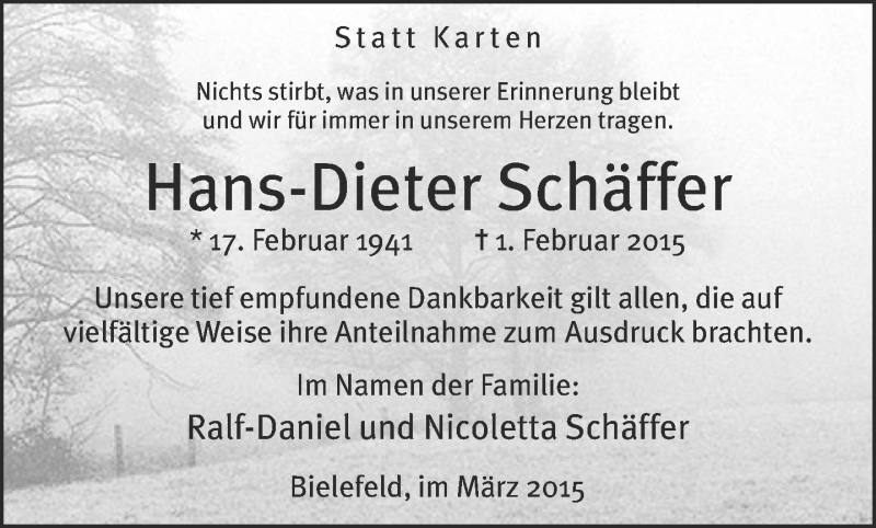  Traueranzeige für DA Hans-Dieter Schäffer Bestattungen Werning vom 07.03.2015 aus Neue Westfälische