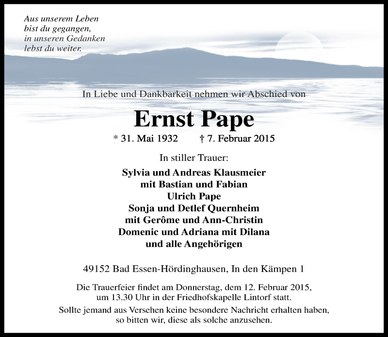  Traueranzeige für Ernst Pape vom 10.02.2015 aus Neue Westfälische