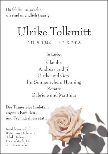 Traueranzeige von Ulrike Tolkmitt von Neue Westfälische
