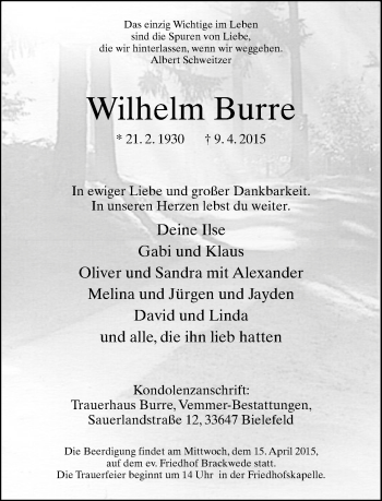 Traueranzeige von Wilhelm Burre von Neue Westfälische