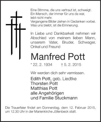 Traueranzeige von Manfred Pott von Neue Westfälische