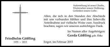 Traueranzeige von Friedhelm Gößling von Neue Westfälische