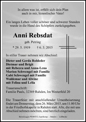 Traueranzeige von Anni Rebsdat von Neue Westfälische
