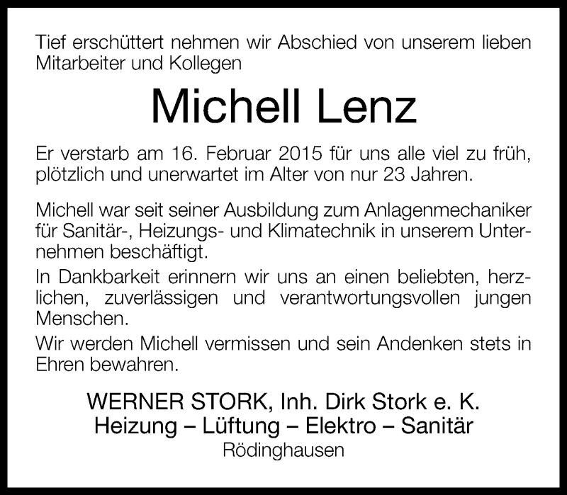  Traueranzeige für Michell Lenz vom 20.02.2015 aus Neue Westfälische
