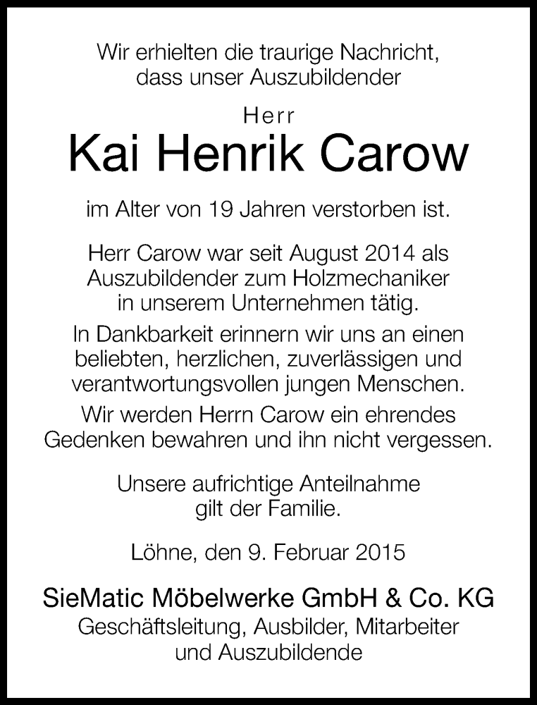  Traueranzeige für Kai Henrik Carow vom 12.02.2015 aus Neue Westfälische