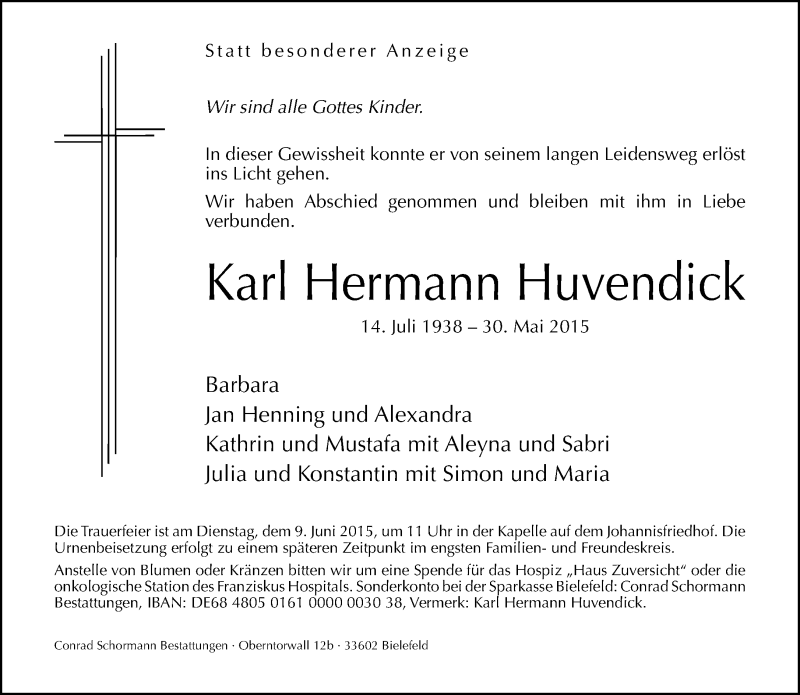  Traueranzeige für Karl Hermann Huvendick vom 03.06.2015 aus Neue Westfälische
