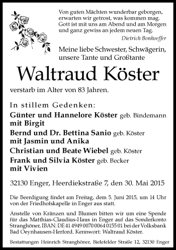 Traueranzeige von Waltraud Köster von Neue Westfälische