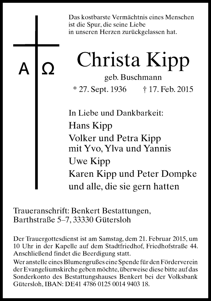  Traueranzeige für Christa Kipp vom 18.02.2015 aus Neue Westfälische