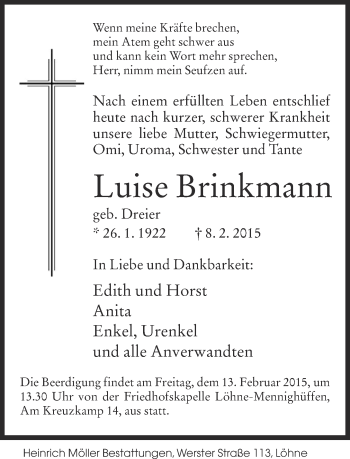 Traueranzeige von Luise Brinkmann von Neue Westfälische