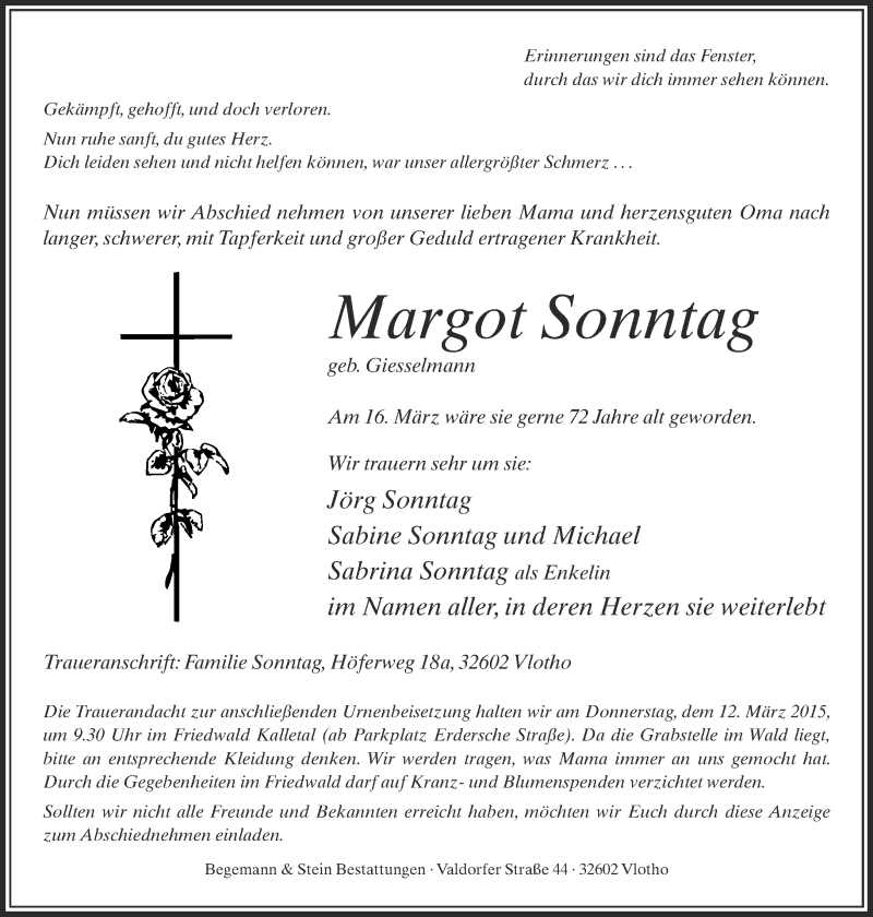  Traueranzeige für Margot Sonntag vom 07.03.2015 aus Neue Westfälische